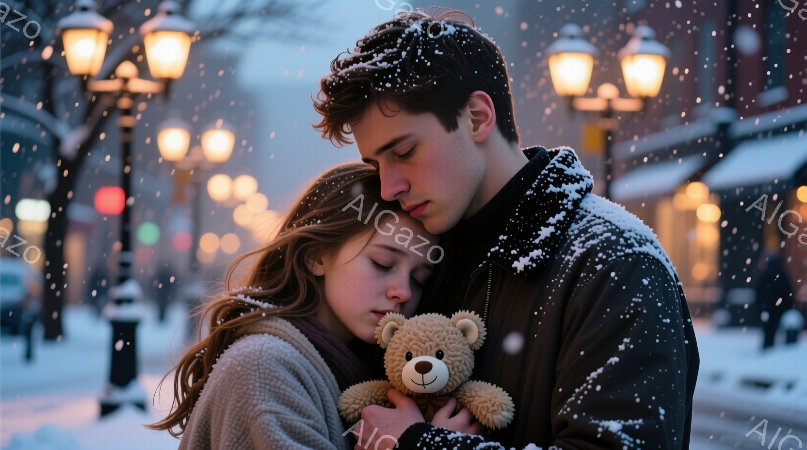 若い男女が雪の中で抱き合っている。女性は茶色の長い髪で、ベージュ色のセーターを着ており、目に力を入れずに穏やかな表情をしている。男性は黒いジャケットを着て、女性を優しく抱きしめ、彼女はテディベアを抱き - AI生成フリー素材