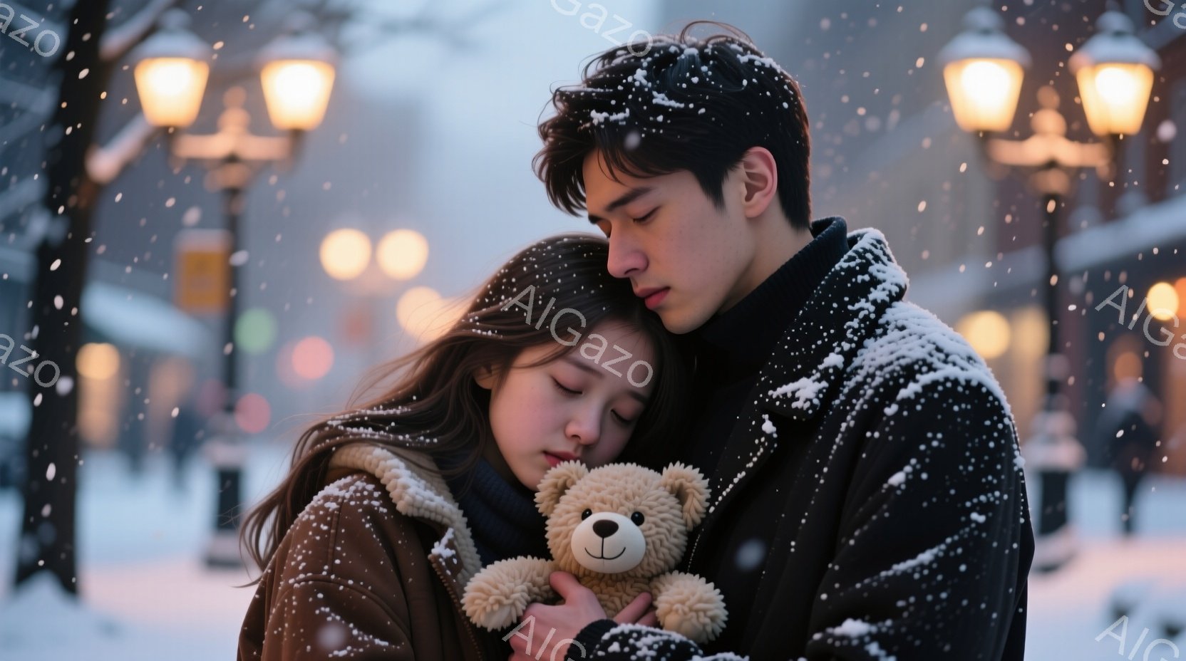 吹雪の中で、若い男女が抱き合っている。女性は茶色の毛皮の襟付きのジャケットを着ており、長い髪は肩にかかっている。男性は黒いコートを着ており、女性を優しく抱きしめている様子から、二人の間に愛情が感じられ - AI生成フリー素材