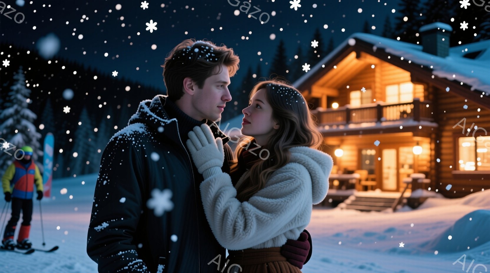 雪が降り積もる夜、若い男女が寄り添い合っている。男性は黒いジャケットを着ており、女性は白いふわふわのセーターと茶色のスカートを身に着けている。背景には暖かく光るログハウスがあり、遠くにはスキーヤーの姿 - AI生成フリー素材