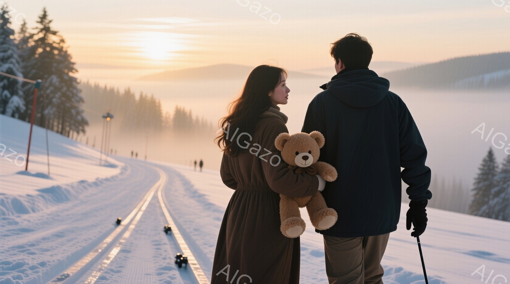 雪に覆われた丘を男女が並んで歩いている。女性はロングコートを着て髪を長く垂らし、抱きしめるテディベアを抱えている。背景には雪化粧した木々が広がり、遠くには霧がかかった山々が連なり、夕焼けのような光が全 - AI生成フリー素材