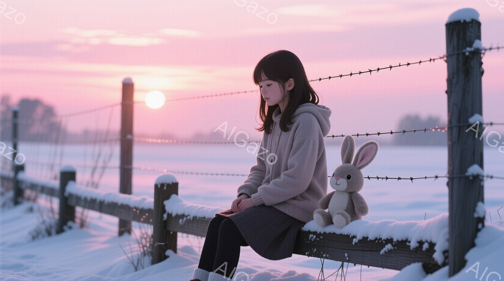 長い黒髪の少女が、雪に覆われた木製の柵に座っている。クリーム色のパーカーと紺色のスカートを身につけ、ややうつむき加減で物憂げな表情を浮かべている。背景には、夕焼けの空と雪原が広がり、冬の静寂で物悲しい雰囲気を醸し出している。