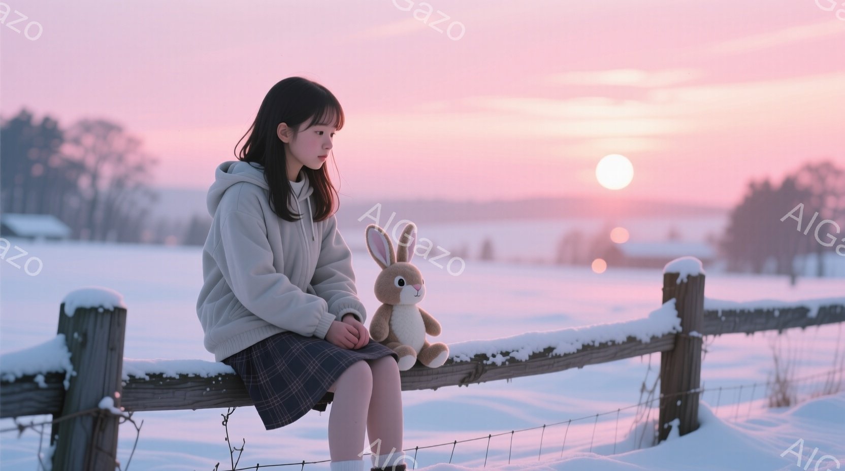 雪景色の中に、少女が古い木製の柵に腰掛けて座っている。彼女は灰色のパーカーとチェック柄のスカートを着ており、黒い靴下を履いている。背景には雪に覆われた野原と遠くの建物が見え、夕焼けが空をピンクとオレン - AI生成フリー素材