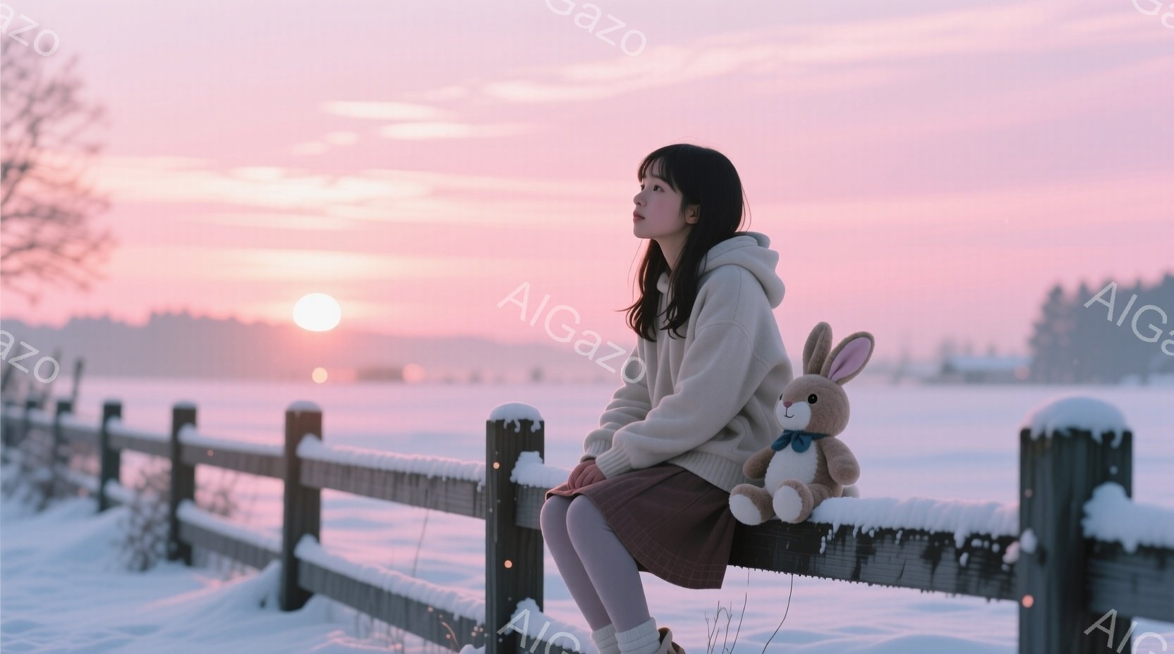 長い黒髪を後ろでまとめ、クリーム色のパーカーと茶色のスカートを着用した若い女性が、雪に覆われた木製の柵に座っています。彼女の隣には、可愛らしい茶色のウサギの人形が置かれており、彼女は遠くの地平線を見つめ、少し物憂げな表情をしています。背景には雪景色が広がり、夕焼けのオレンジ色とピンク色が空を染め、静かで穏やかな冬の雰囲気を醸し出しています。