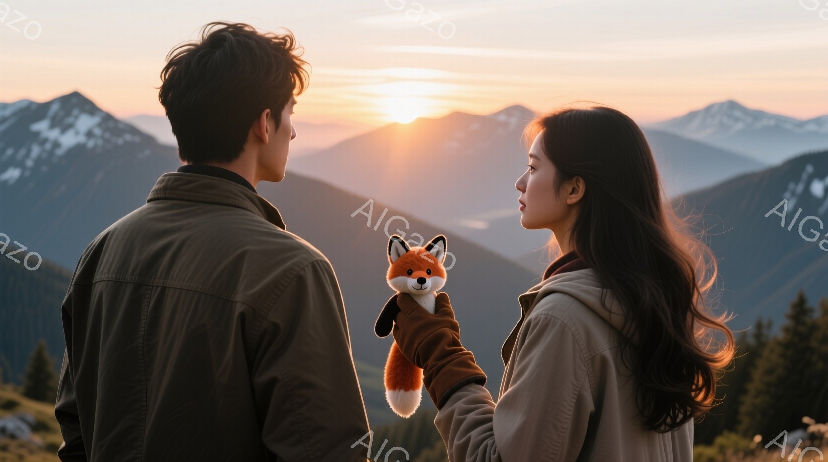 険しい山々を背景に、男女が並んで立っている。男性は黒髪で、茶色のジャケットを着ている。女性は黒髪を長く伸ばし、ベージュ色のコートを着ており、片手にオレンジ色のキツネのぬいぐるみを持っている。 - AI生成フリー素材