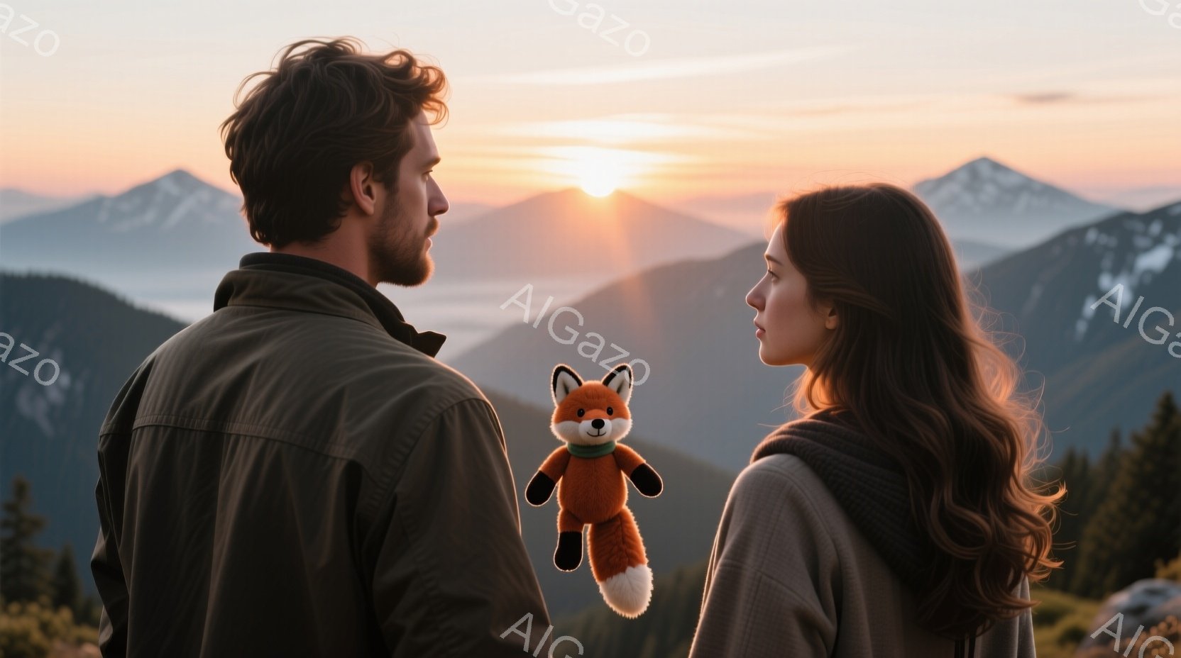 若い男性と女性が背中合わせに立っており、遠くの山々を見下ろしています。男性は濃い髪で、黒いジャケットを着ています。女性は長くウェーブのかかった茶色の髪を持ち、グレーのセーターを着ており、夕焼けの暖かい - AI生成フリー素材