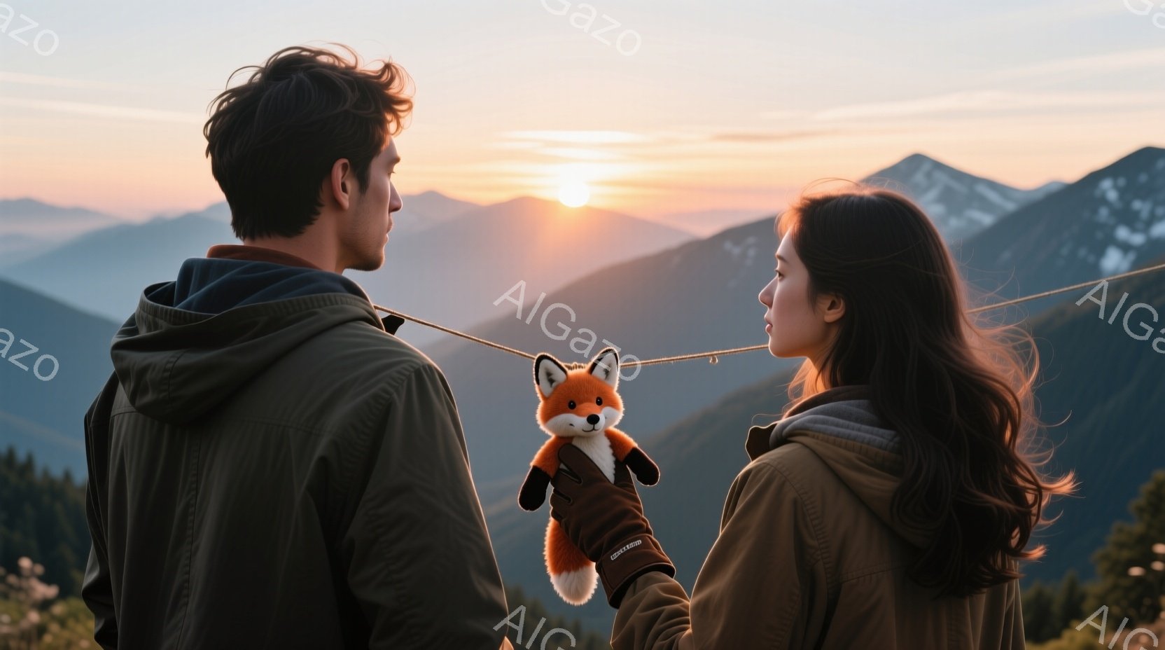険しい山並みを背景に、若い男女が向き合って立っている。男性はダークカラーのジャケットを着て、女性はベージュ色のジャケットを着ており、それぞれ落ち着いた表情をしている。彼らの間には、手人形のキツネがまる - AI生成フリー素材