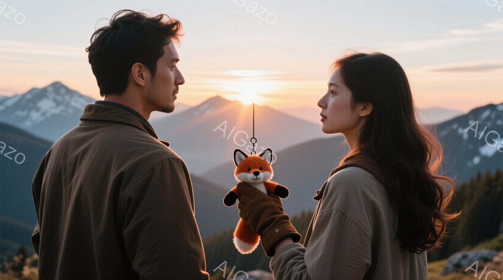 険しい山並みを背景に、男女が向き合っている。男性はダークブラウンのジャケットを着ており、女性はベージュのジャケットを着ている。二人の間には、可愛らしいオレンジ色のキツネのぬいぐるみがお互いに向かってぶ - AI生成フリー素材
