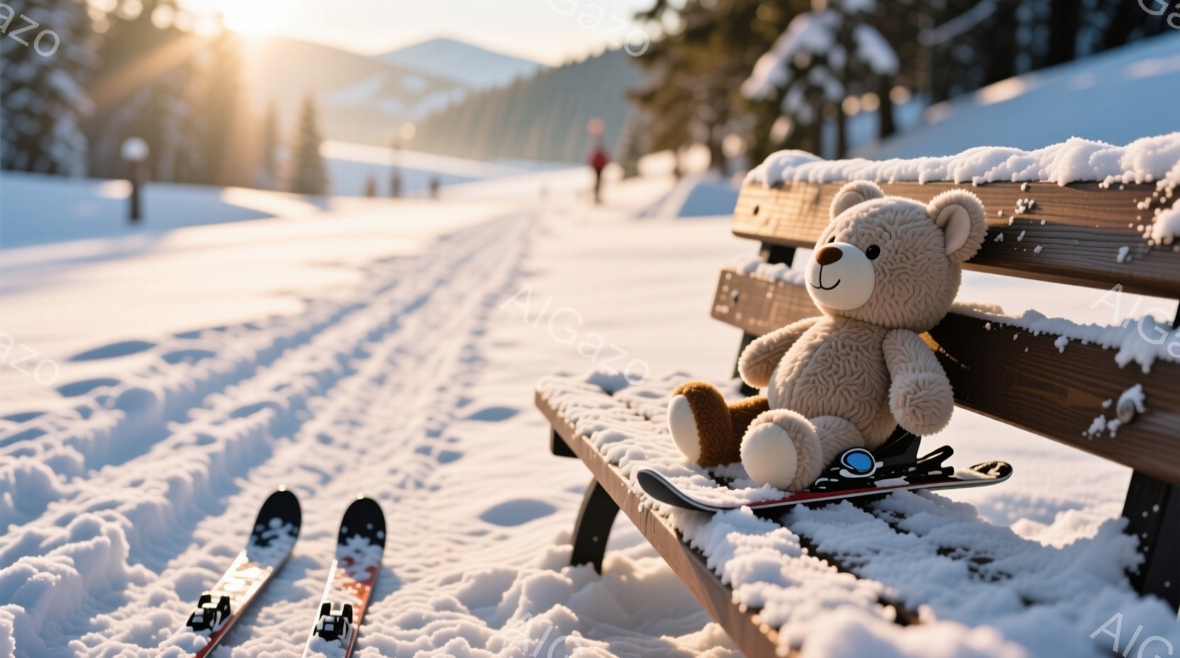 雪に覆われたスキー場のベンチに、ふわふわの茶色のテディベアが座っています。その隣にはスキー板が置かれ、ベンチ全体が雪で覆われています。背景には雪の積もった山々と、スキーを楽しむ人の姿が見え、冬の穏やかで静かな雰囲気を醸し出しています。