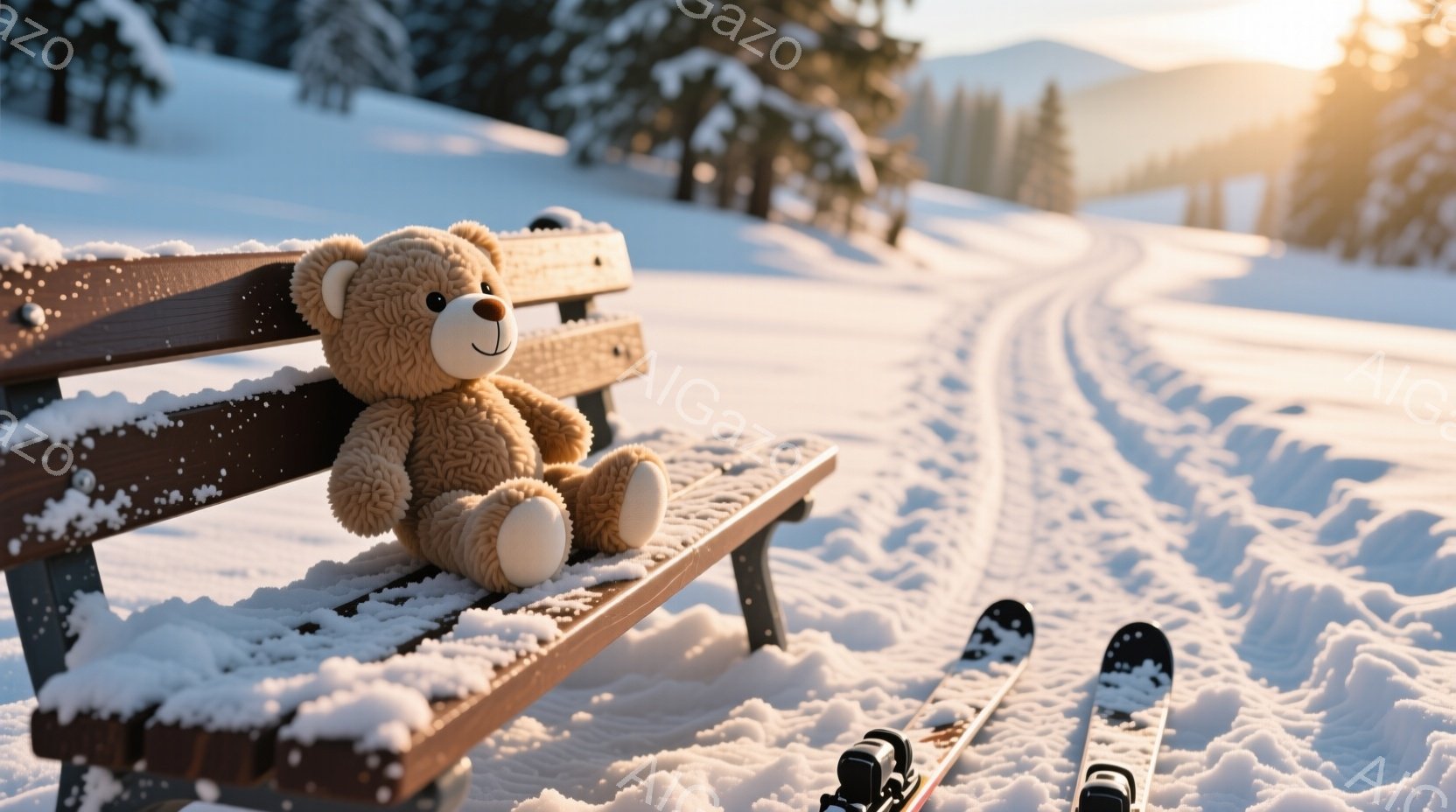 雪に覆われたベンチに、ふわふわの茶色のテディベアが座っています。背景には雪景色が広がり、遠くには木々が見え、滑らかなスキーの跡がベンチの横を走っています。暖かく穏やかな雰囲気で、冬の静けさが感じられま - AI生成フリー素材