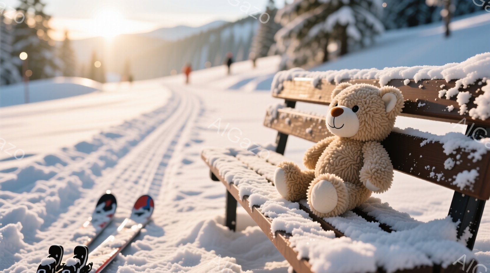 雪に覆われたベンチに座るテディベアが写っている。スキー板がベンチのそばに立てかけられており、背景には雪景色が広がり、遠くにスキーヤーの姿が見える。暖かな日差しが雪を照らし、穏やかで冬らしい雰囲気を醸し出している。