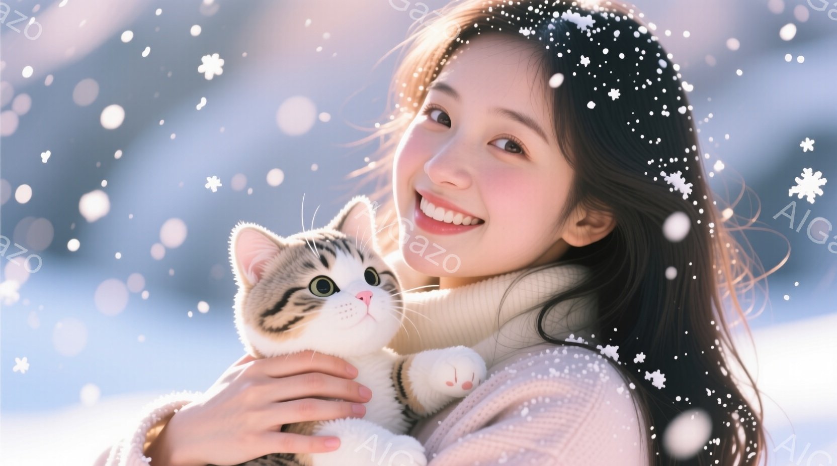 長い黒髪をなびかせた女性が、縞模様の小さな子猫を抱きしめて微笑んでいます。彼女はクリーム色のハイネックセーターを着ており、背景はぼやけた雪景色で、冬の温かい雰囲気を醸し出しています。鮮明な瞳と優しい笑 - AI生成フリー素材