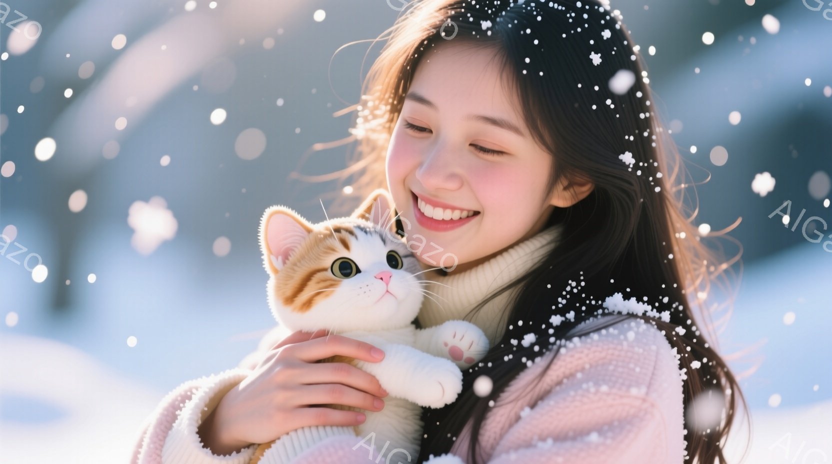 長い茶色の髪をした女性が、縞模様の猫を抱きしめて微笑んでいます。彼女はピンク色のセーターを着ており、雪が舞う冬の風景を背景に暖かく優しい雰囲気を醸し出しています。背景はぼやけていますが、雪景色が広がっていることがわかります。