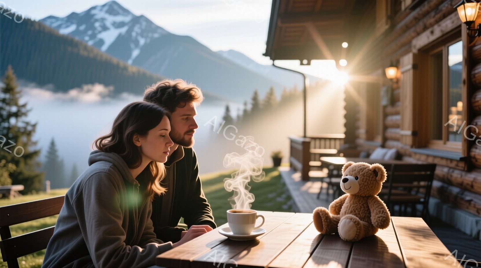 暖炉付きの木造建築物のテラスに、女性と男性が並んで座っています。女性は長い茶色の髪で、少し物憂げな表情をしています。男性は髭を生やしており、遠くを見つめ、湯気の立つカップと可愛らしいテディベアがテーブルに置かれています。
