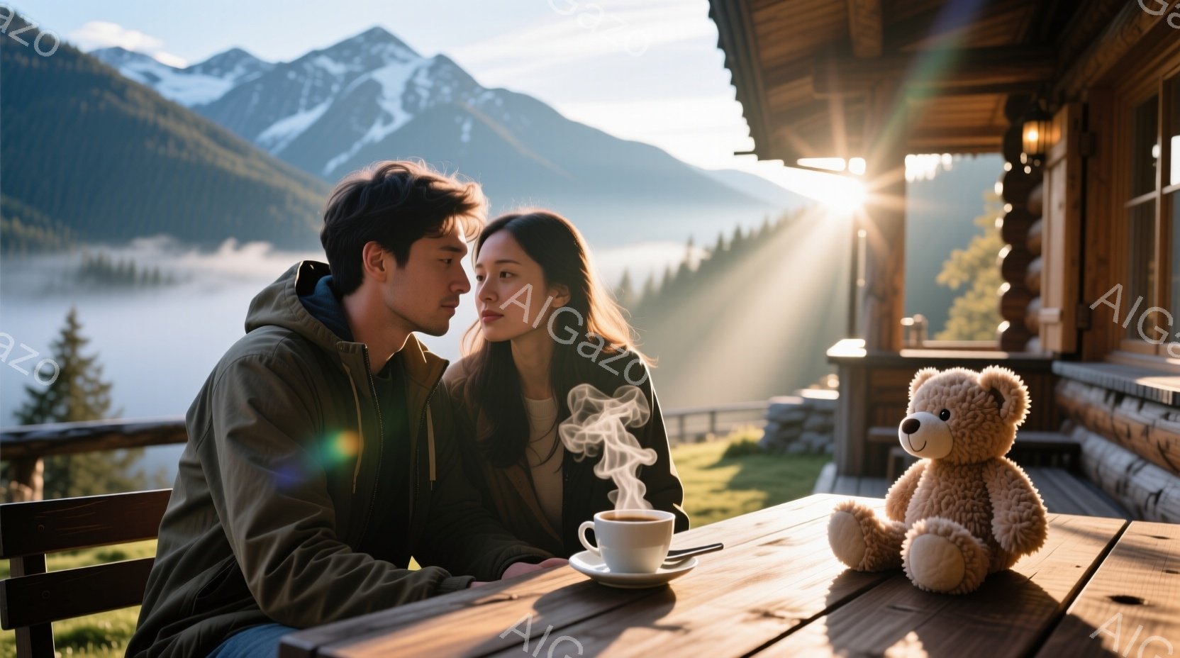 若い男女が木製のデッキで寄り添って座っており、女性はカップから立ち上る湯気に顔を近づけています。男性はカーキ色のジャケットを着ており、女性は黒いジャケットを着ています。背景には雪を抱いた山々が広がり、穏やかな日差しが差し込み、暖かくロマンチックな雰囲気を醸し出しています。