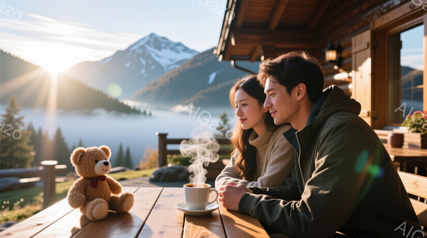 若い男女が山の景色を眺めています。女性は長い黒髪で、男性はダークブラウンの髪で、共に暖かいジャケットを着ています。背景には雪を頂いた山々と霧に覆われた谷が広がり、テラスには可愛らしいテディベアと湯気が立つカップが置かれ、穏やかでロマンチックな雰囲気が漂っています。