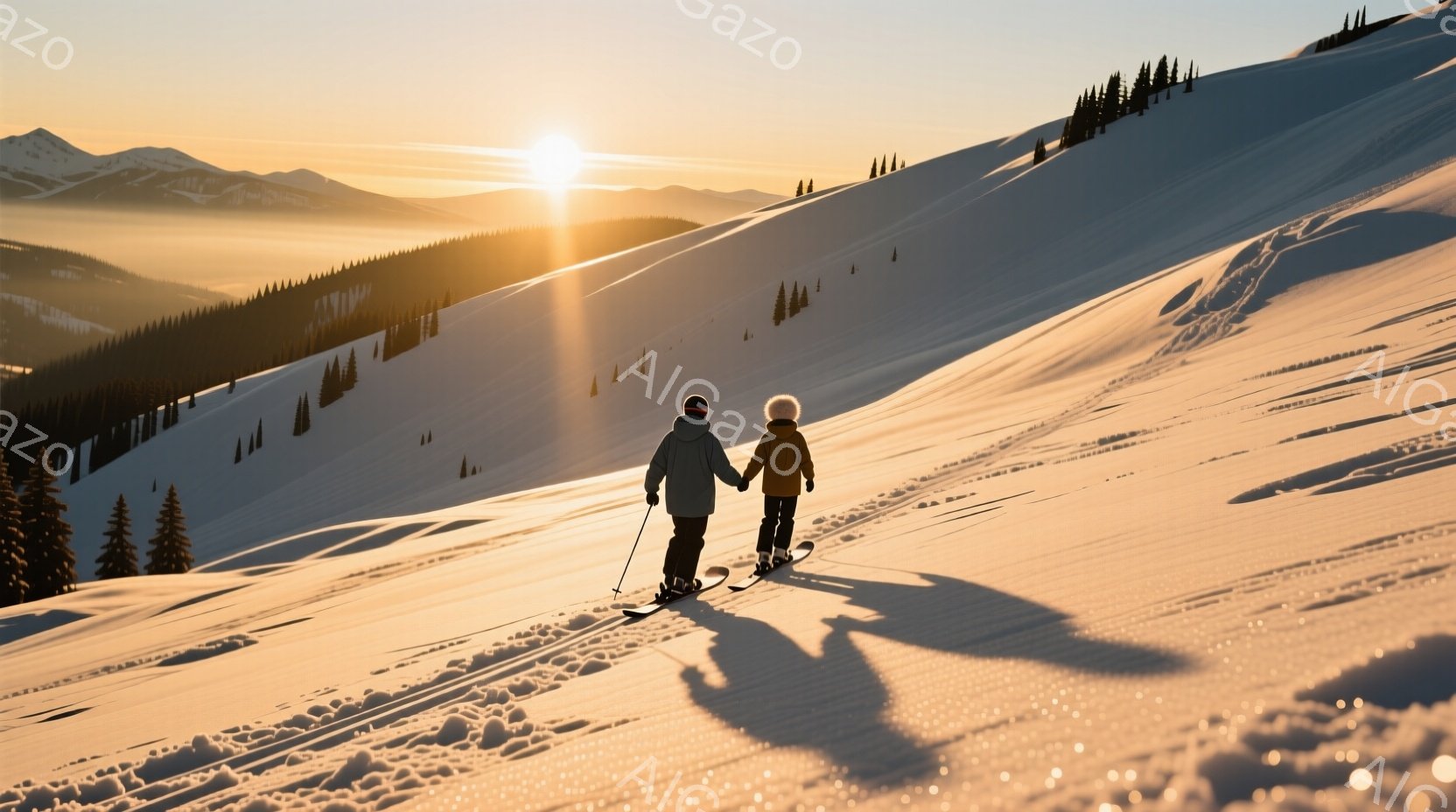 雪山をスキーで歩く男女が描かれている。男性は黒いジャケットとズボン、女性はオレンジ色のジャケットとズボンを着ており、どちらも帽子をかぶっている。背景には雪に覆われた山々が連なり、夕焼けのような暖かな光 - AI生成フリー素材