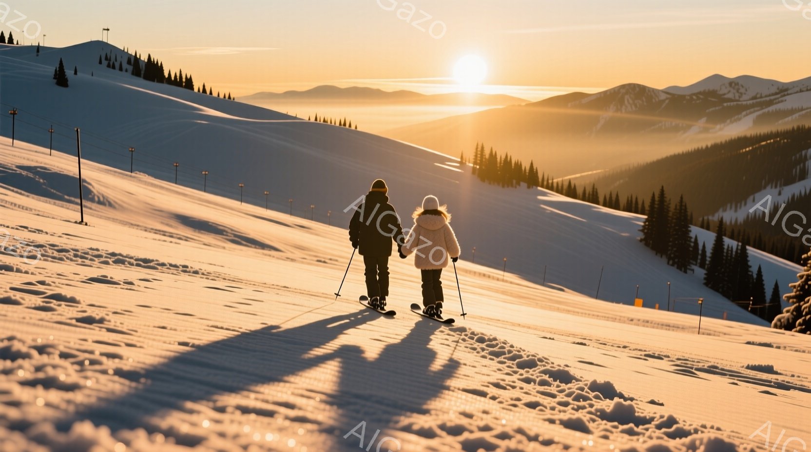 雪山をスキーで下っている二人の後ろ姿が描かれています。男性は黒いジャケットと帽子、女性は白いジャケットと帽子を着用し、両者とも長い髪を帽子の中に隠しています。背景には雪をまとった山々が連なり、夕焼けの - AI生成フリー素材