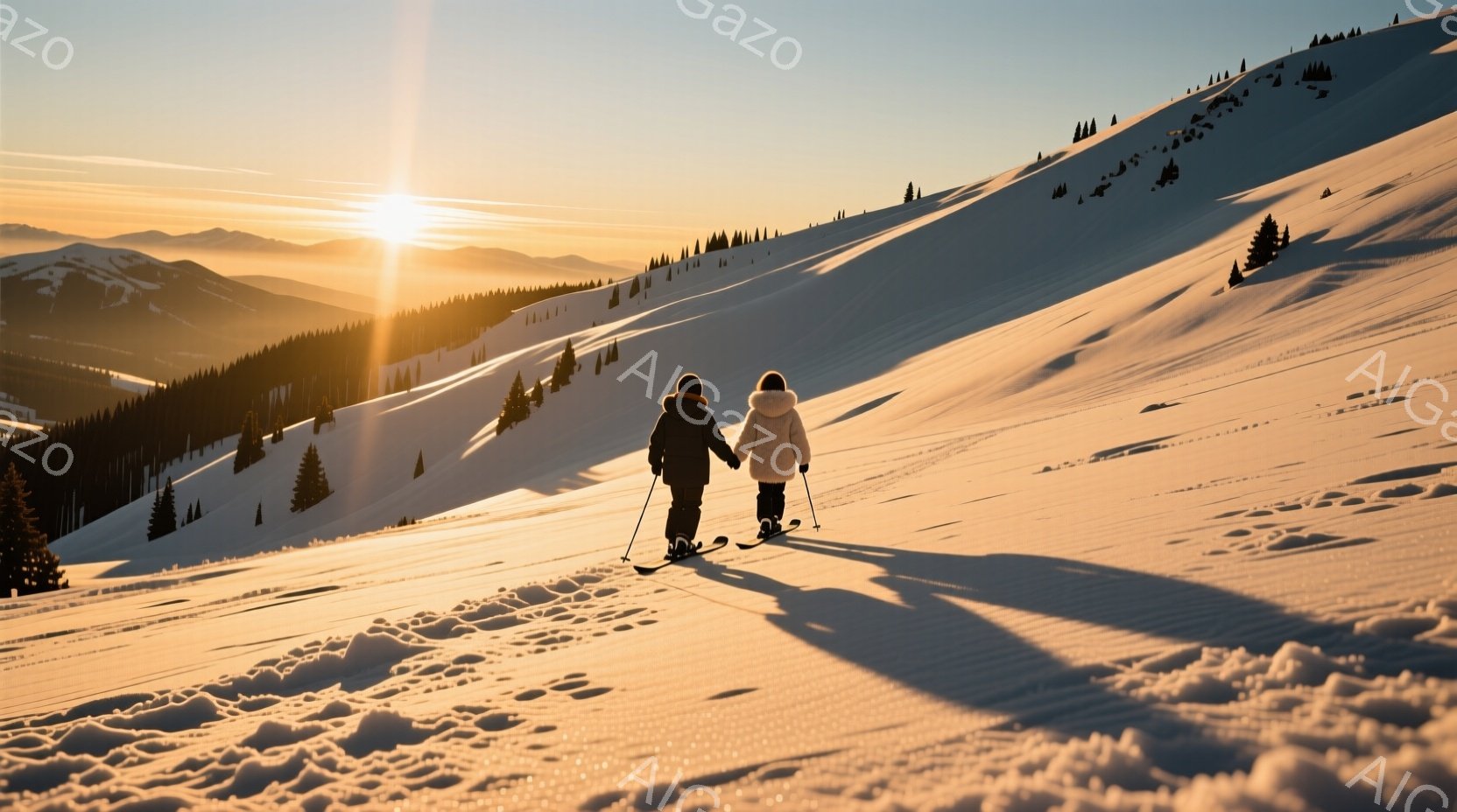 雪山を二人組がスキーをして登っている様子が描かれている。二人は冬の装いで、黒いジャケットと白いジャケットをそれぞれ着ており、後ろ姿のため表情は伺えないが、ゆったりとした姿勢から穏やかな雰囲気が伝わって - AI生成フリー素材
