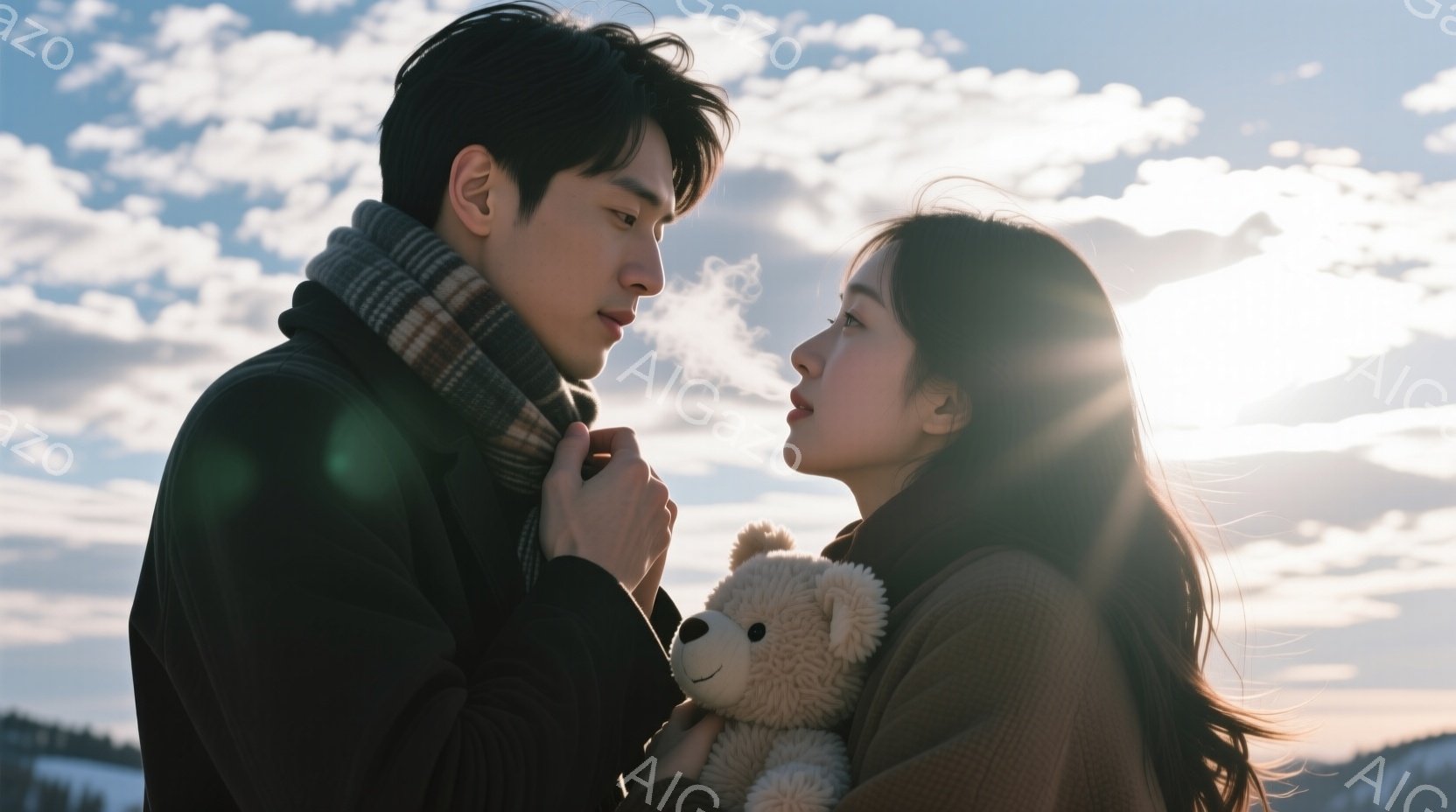 長い黒髪の女性と、短髪の男性が互いに顔を寄せ合い、冬の風景の中で寄り添っている。女性はベージュ色のセーターを着ており、抱きしめているテディベアが目立つ。背景には雪景色が広がり、空には雲が広がり、全体的 - AI生成フリー素材