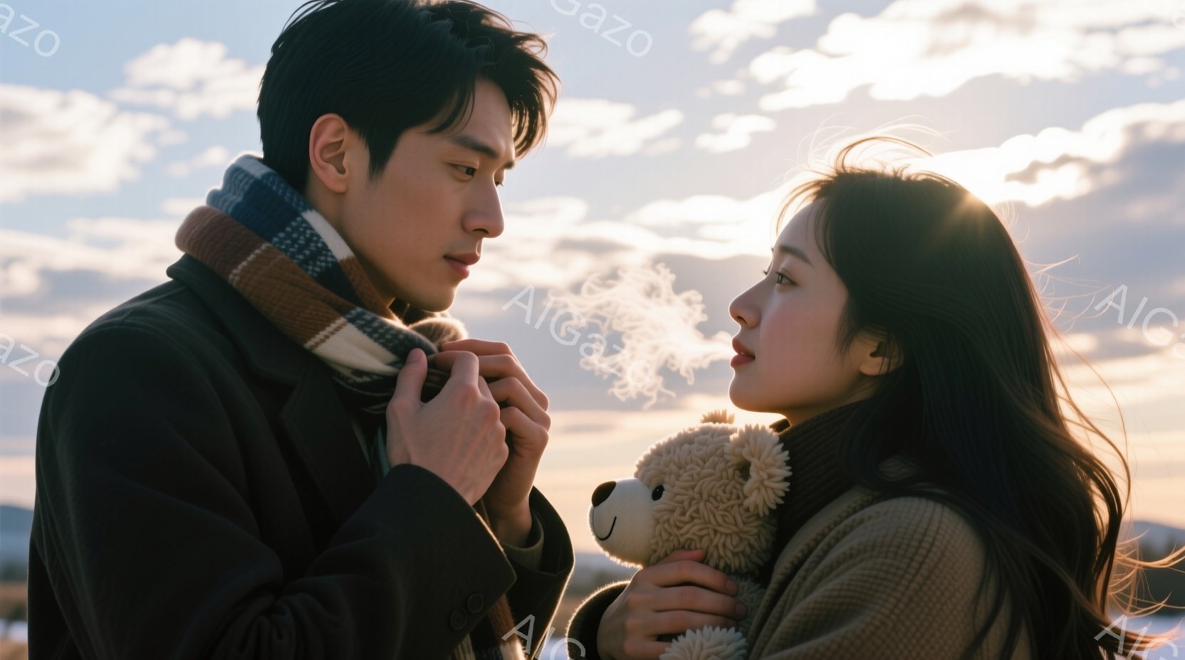 暖かいセーターを着た女性と黒いコートにマフラーを巻いた男性が寄り添っている。女性はテディベアを抱き、息を吐いて白い蒸気を上げているのに対し、男性は少し憂いを帯びた表情で女性を見つめている。背景は薄曇りの空と地平線が見える冬の風景で、全体的に温かく、少し切ない雰囲気を醸し出している。