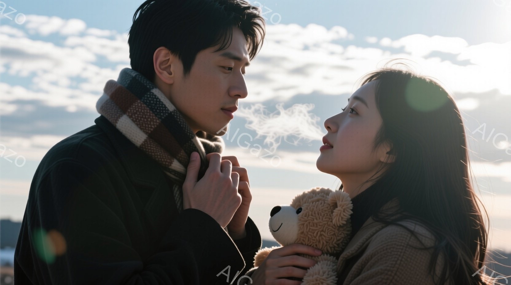 暖炉の煙が立ち込める中、男女が向き合っている。男性は黒いコートにチェックのストールを巻き、女性はベージュ色のコートを着て、テディベアを抱きしめている。二人は互いを見つめ、穏やかで優しい雰囲気が漂っている。