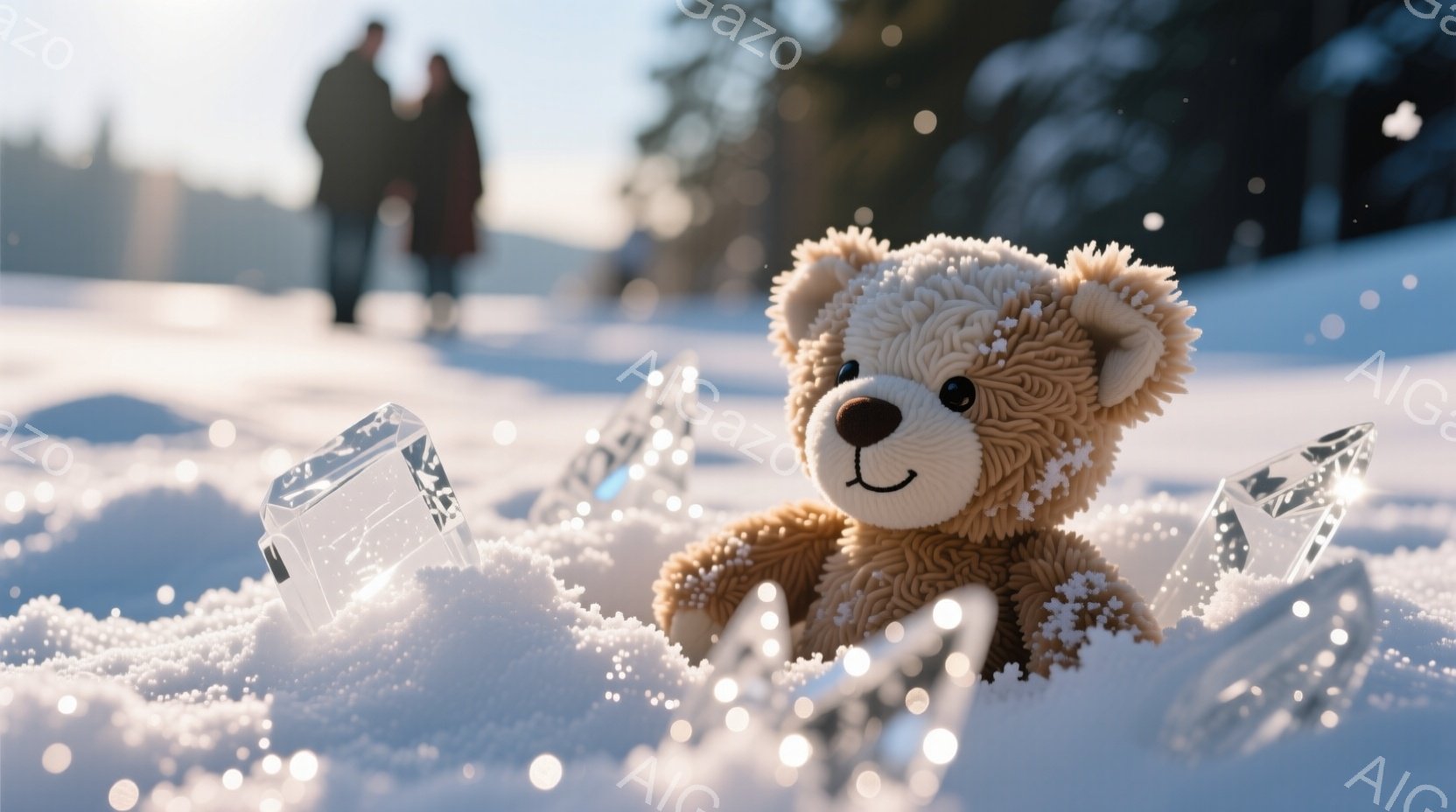 雪景色の中に、ふわふわの茶色のテディベアが置かれています。周りには氷の破片が散らばり、まるで雪の中で遊んでいるかのような印象を与えます。背景にはぼやけた人物の姿が見え、冬の穏やかで幻想的な雰囲気を醸し出しています。