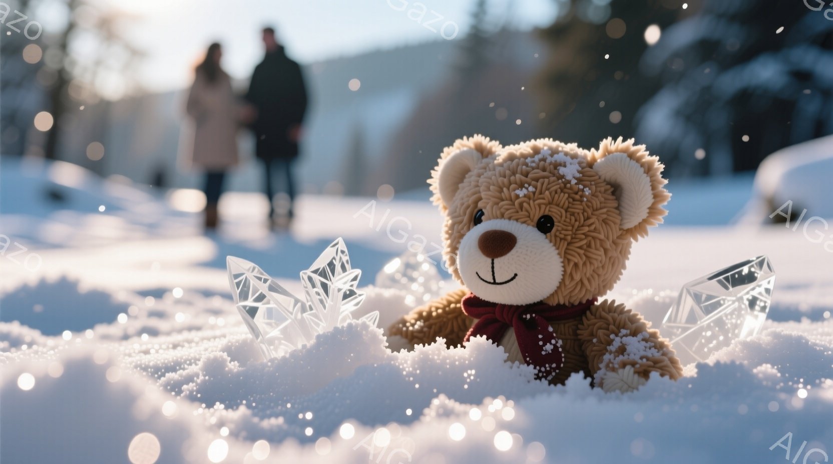 白い雪景色の中に、茶色のテディベアが赤いリボンを首に巻いて横たわっています。背景にはぼやけた人物が二人歩いており、遠くには木々が見えます。全体的に暖かく、ほのぼのとした冬の雰囲気が漂っています。