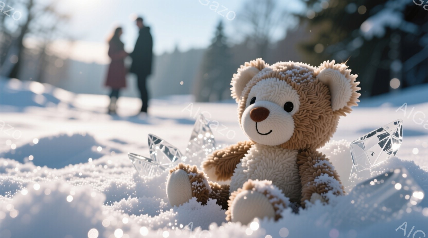 ふわふわの茶色のテディベアが雪の中に座っており、優しい表情をしています。背景にはぼやけたピンクのコートを着た女性と黒いコートを着た男性の姿が見え、遠くには木々が連なっています。全体的に、暖かく穏やかな - AI生成フリー素材