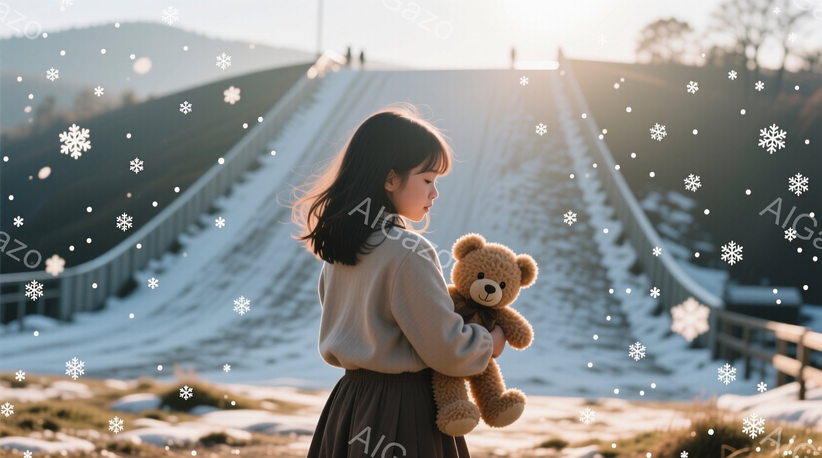 長い黒髪の少女が、茶色のテディベアを抱きしめて立っている。彼女はベージュのセーターと茶色のスカートを着ており、背中を見せているため表情は見えない。背景は雪に覆われた道と、ぼんやりと見える山々で、全体的 - AI生成フリー素材