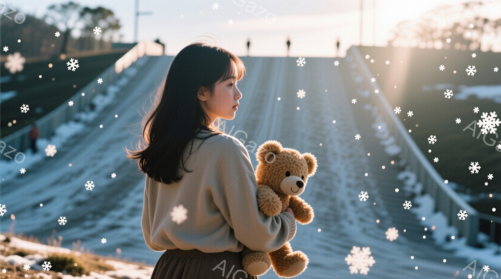 黒髪の女性が、ベージュ色のセーターと茶色のスカートを着て、テディベアを抱えています。彼女は少し後ろを向き、物憂げな表情で遠くを見つめており、その姿勢はどこか寂しげです。背景には、日差しが降り注ぐコンクリートの階段状の構造物があり、全体的に穏やかで少し物悲しい雰囲気を醸し出しています。