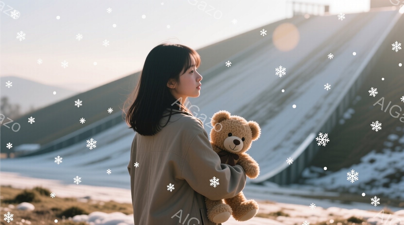 黒髪の女性が、ベージュ色のスウェットシャツを着て、大きなテディベアを抱えています。彼女は後ろ向きで、少し物思いにふけっているような表情をしています。背景には、雪に覆われた傾斜地と薄暗い空が広がり、静かで穏やかな雰囲気を醸し出しています。