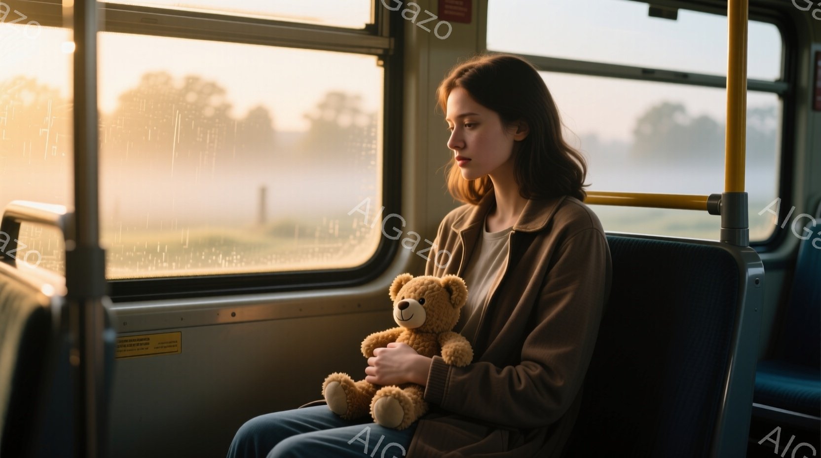 窓際のバスの席に座る若い女性が描かれています。彼女はベージュ色のコートを着ており、ダークブラウンのロングヘアを後ろでまとめています。彼女は物憂げな表情で、抱きしめるようにテディベアを抱えています。背景には、霧のかかった田園風景が広がり、全体的に物静かで内省的な雰囲気が漂っています。