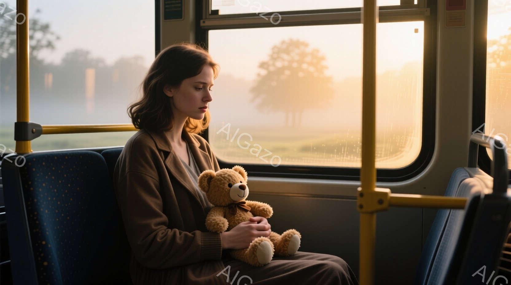 薄茶色のニットを着た若い女性が、窓際の座席に座り、テディベアを抱きしめています。彼女は少しうつむき加減で、憂いを帯びた表情をしています。窓の外には霧に包まれた風景が広がり、朝焼けの光が差し込み、静かで物憂げな雰囲気を醸し出しています。