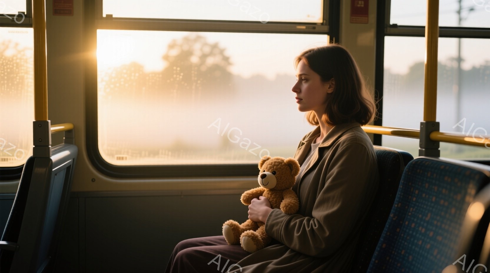 若い女性が、窓際の座席に座り、抱きしめるようにテディベアを抱えています。彼女は茶色のジャケットを着ており、髪は肩のあたりでカットされています。窓の外には霧のかかった風景が広がり、薄暗い光が差し込み、物憂げで静かな雰囲気を醸し出しています。