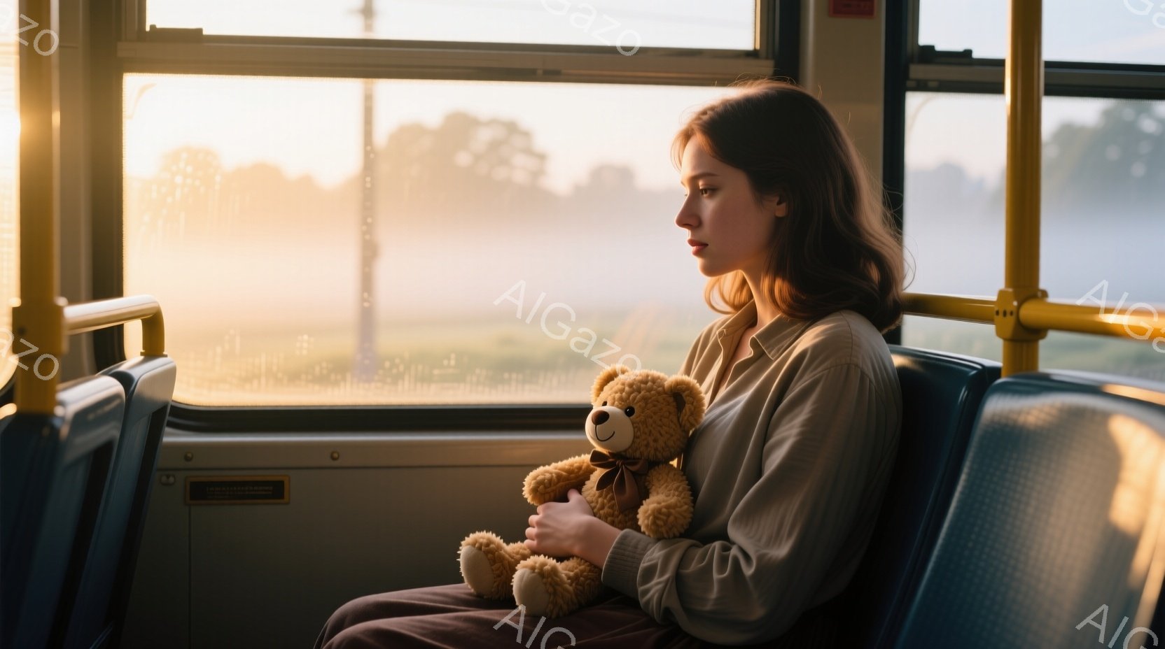 若い女性がバスの窓際に座り、テディベアを抱えています。彼女は薄茶色のシャツと赤いズボンを身につけ、長い髪は肩にかかっています。窓の外には霧のかかった風景が広がり、夕暮れ時の柔らかい光が差し込み、物憂げな雰囲気を醸し出しています。