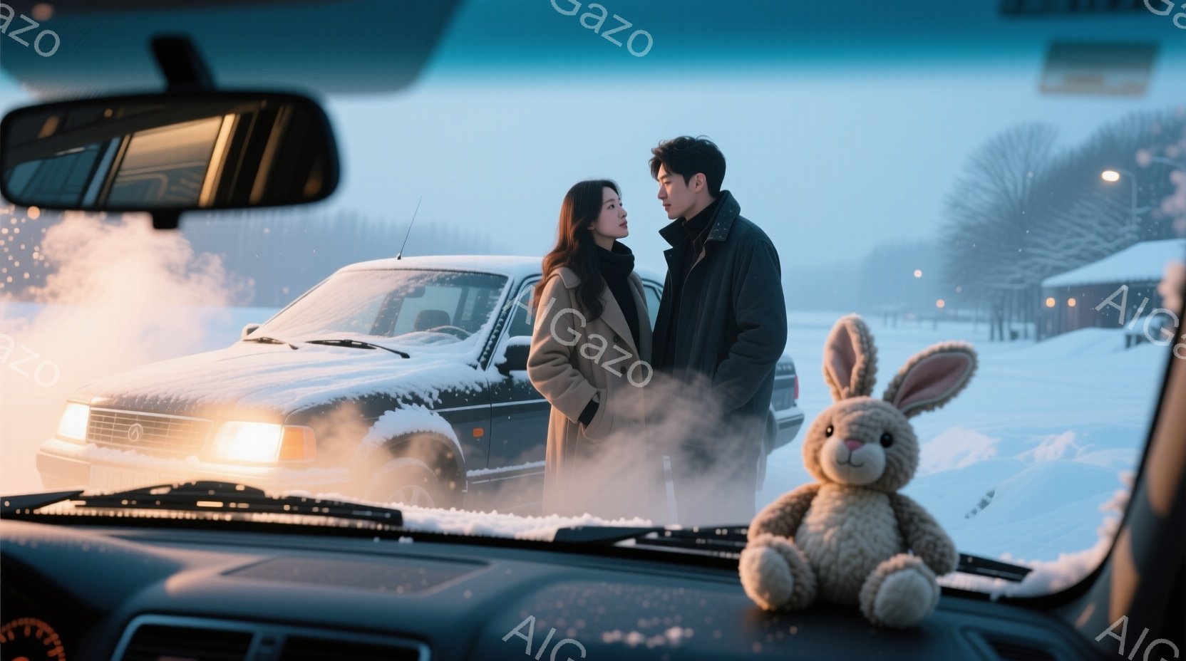 雪が降り積もる中、女性はベージュのコート、男性は黒のコートを着て、雪に覆われた車の前に立っている。二人は互いに向き合い、穏やかな表情で静かに佇んでいる。背景にはぼんやりと建物が見え、全体的に静かでロマ - AI生成フリー素材