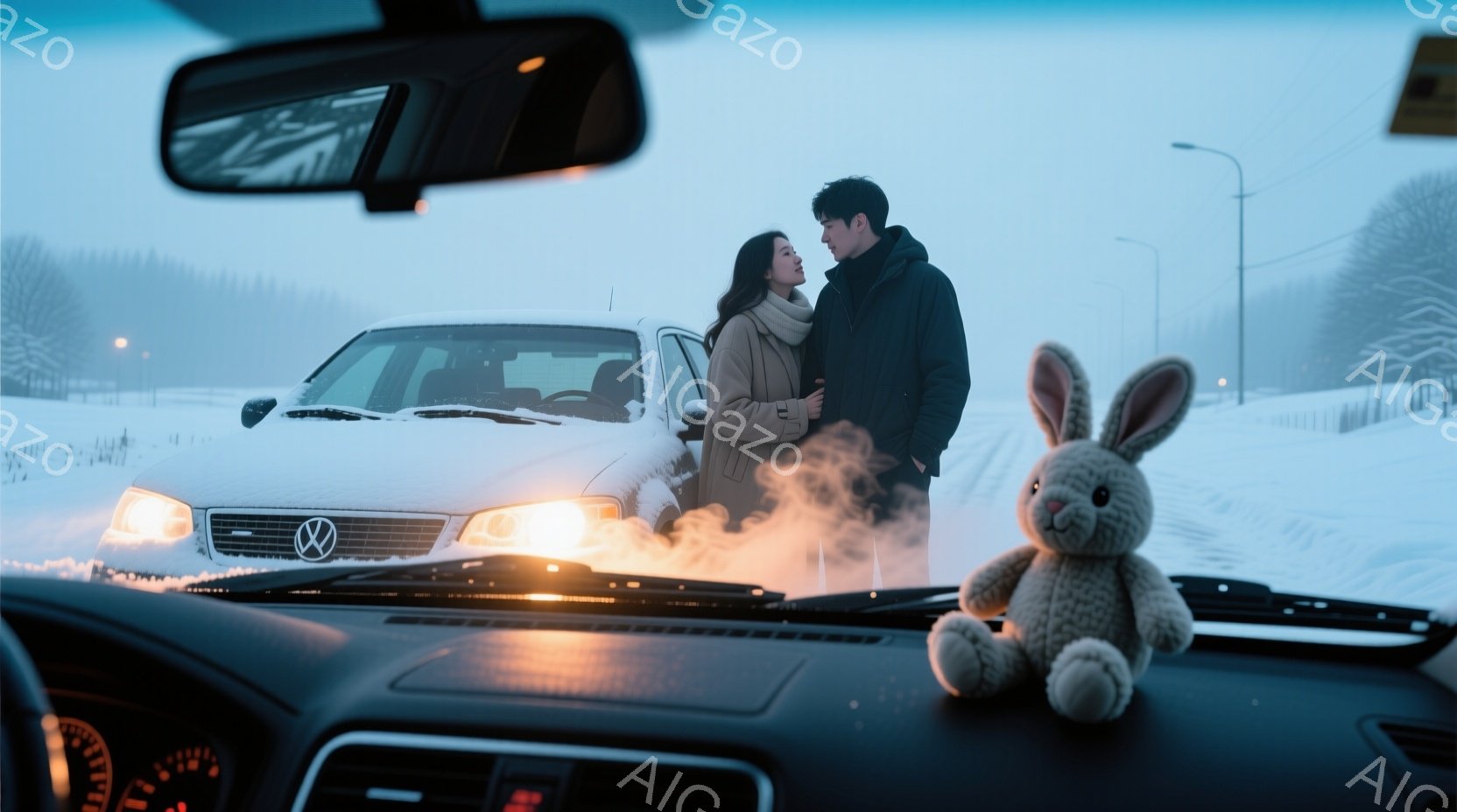 雪が降る夜、道路の脇に停められた白い車（フォルクスワーゲン）の前に、若い男女が寄り添って立っている。女性は明るい色のコートを着て髪を肩まで伸ばし、男性は黒いコートを着ている。背景には雪に覆われた田園風景と、ぼんやりと見える街灯が広がり、静かでロマンチックな雰囲気を醸し出している。