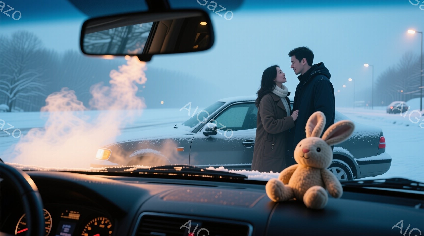 雪が降り積もる中、若い男女が車に向き合い、親密そうに話しています。女性は長い髪を外に出し、茶色のコートを着ており、男性は黒いジャケットを着ています。車のボンネットからは湯気が立ち上り、背景には雪景色が - AI生成フリー素材