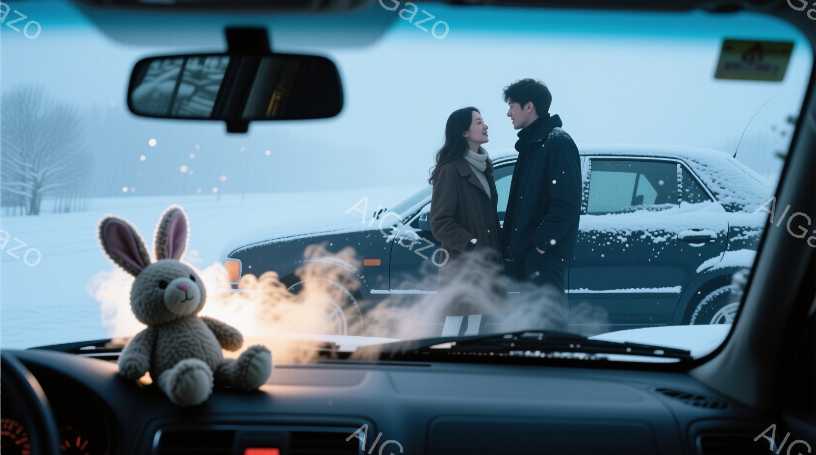 車内から見た雪景色の中に、若い男女が立っている。女性はキャメル色のコートを着ており、男性は黒いコートを着ている。二人は少し離れて立っており、女性は男性の方を向いて微笑んでいるように見え、背景には雪が舞う広大な白銀の世界が広がっている。