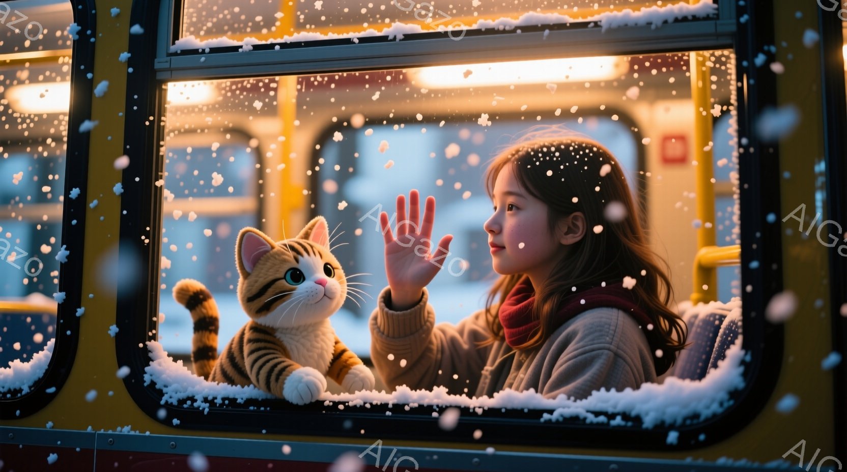 雪が降る中、バスの窓から外を眺める少女と猫が描かれています。少女は茶色のカーディガンに赤いマフラーを巻き、長い茶色の髪を後ろに流しています。猫は窓ガラスに前足を乗せ、好奇心いっぱいの表情で外を見つめて - AI生成フリー素材