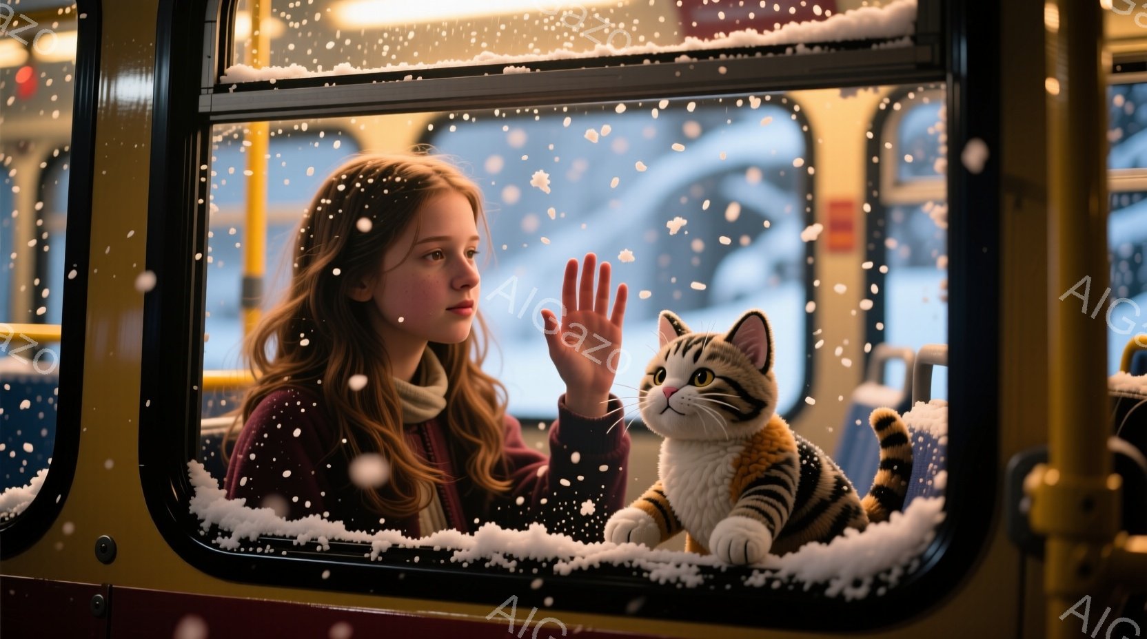 赤毛の少女が雪の降る街並みを電車の中から見つめています。彼女はベージュのセーターと赤いマフラーを身につけ、窓に手を当てて外を眺めており、その表情は少し物憂げで、穏やかです。背景には雪が舞い、ぼやけた街 - AI生成フリー素材