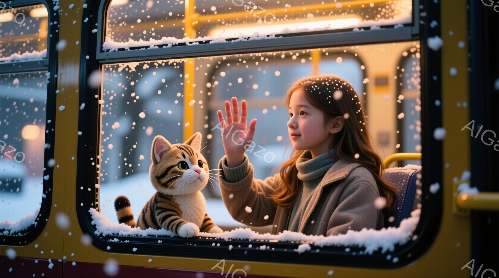 雪が降る中、少女がバスの窓から手を振っている。茶色の長い髪を持ち、ベージュ色のジャケットを着ており、顔には少し照れたような微笑みが浮かんでいる。窓の外には雪景色が広がり、隣には縞模様の猫が座ってこちらを見ている。