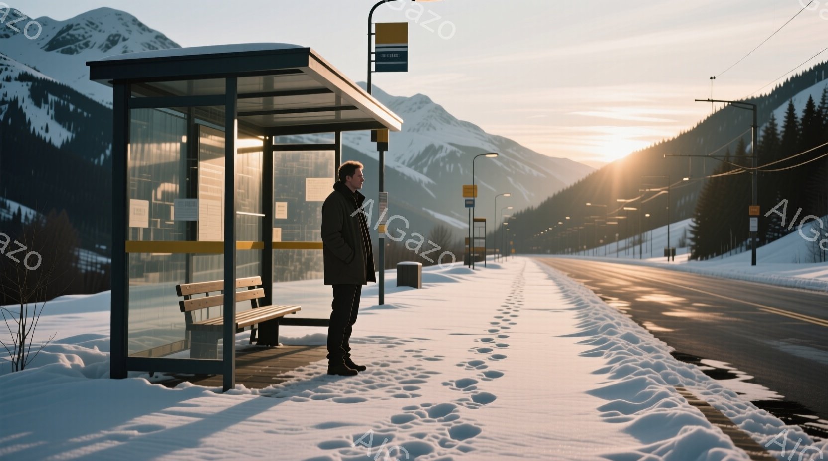 雪に覆われた道路脇のバス停で、黒いコートを着た男性が立っている。彼は横を向き、やや遠くを見つめており、表情は穏やかで思慮深い印象を与える。背景には雪山が連なり、夕焼けの光が降り注ぎ、静かで冷たい冬の雰 - AI生成フリー素材