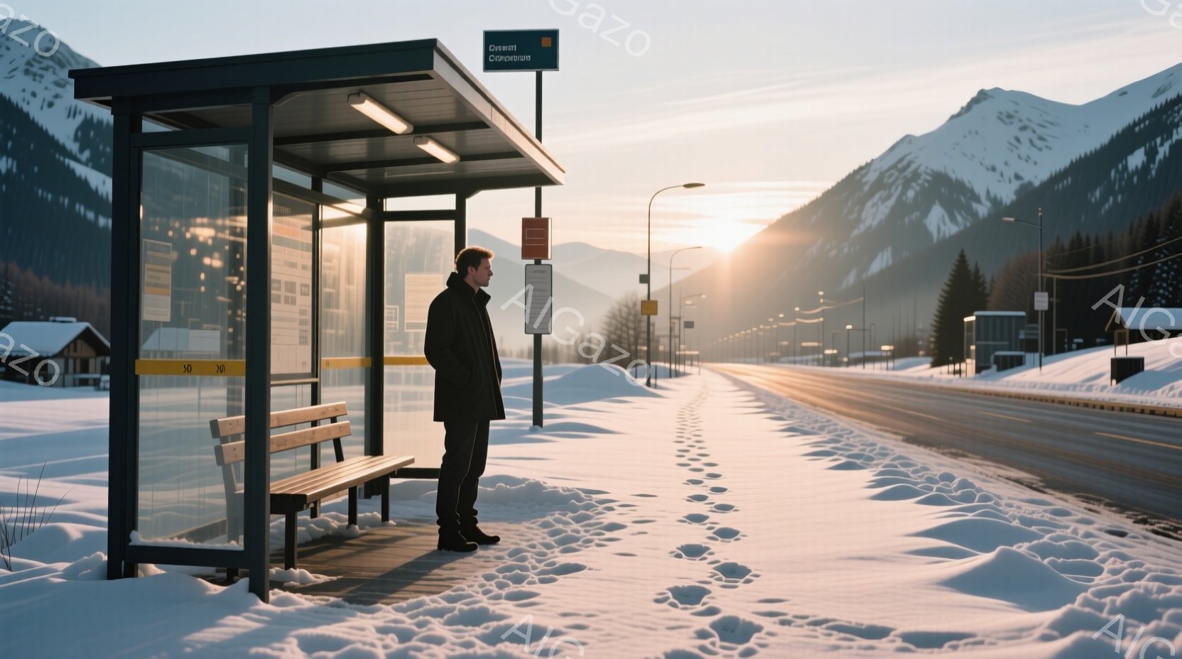 雪に覆われた道路脇のバス停に、黒いコートを着た男性が立っている。彼は横を向き、遠くを見つめているようで、表情は読み取れないが、どこか物憂げな雰囲気を漂わせている。背景には雪山が連なり、夕焼けのような光 - AI生成フリー素材