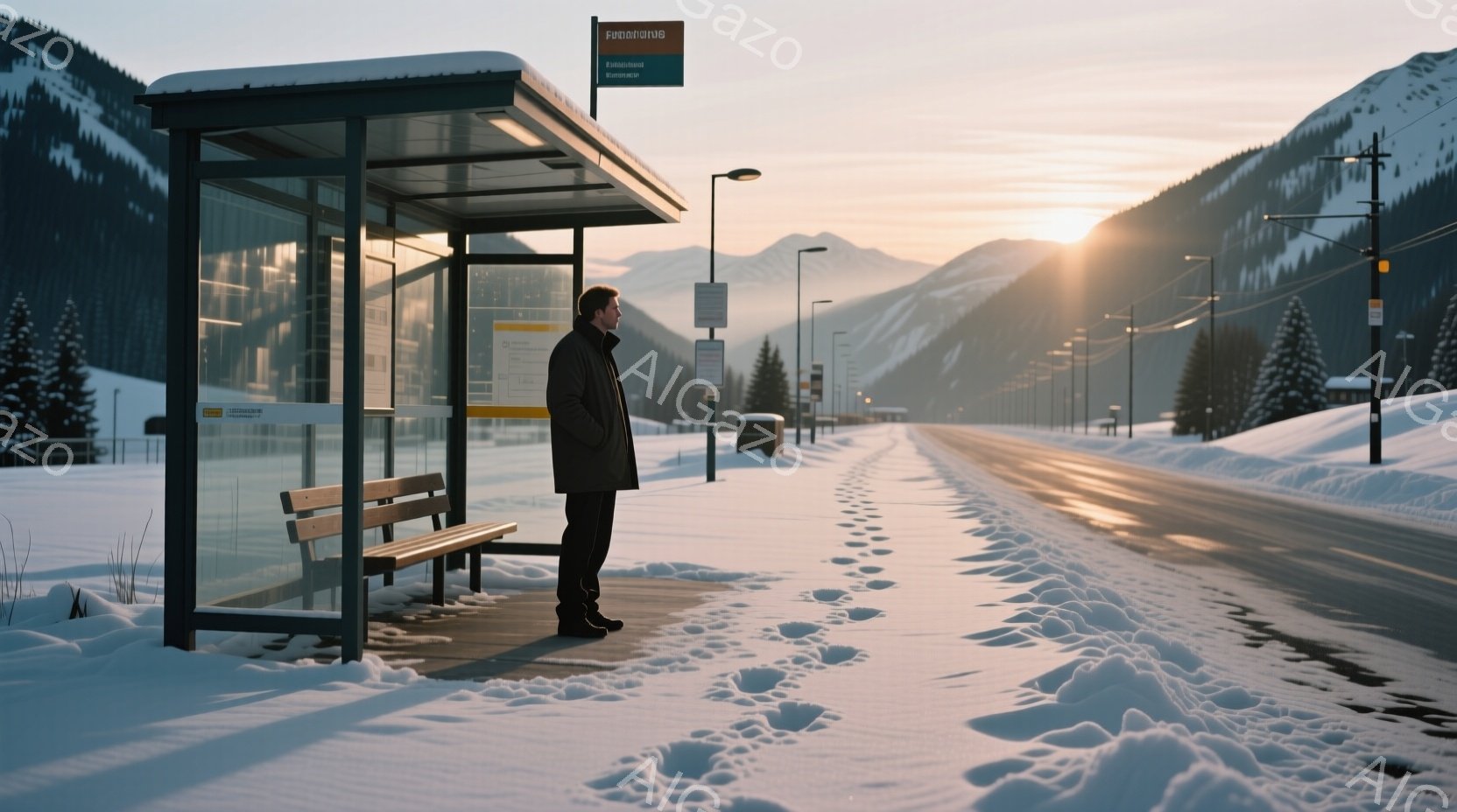 雪に覆われた道路脇のバス停に、黒いコートを着た男性が立っている。彼は横を向き、わずかに前かがみの姿勢で、何かを待っているか、思索にふけっているように見える。背景には雪山がそびえ立ち、夕焼けの光が道路と - AI生成フリー素材
