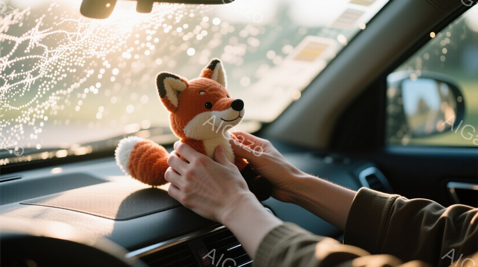 運転席から見た視点から、茶色い毛並みの狐のぬいぐるみを手で支えている様子が写っています。車内はベージュ色のダッシュボードで統一され、窓には雨粒が映り込み、少しどんよりとした天候を示唆しています。全体的 - AI生成フリー素材