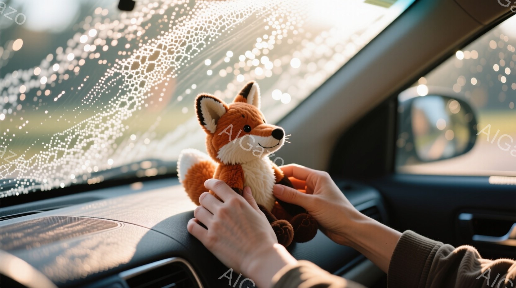 車のダッシュボードに座っているオレンジ色のぬいぐるみキツネが写っています。茶色のジャケットを着た人の手が、キツネを優しく支えています。車のフロントガラスには雨粒が付き、ぼやけた背景には屋外の自然が見えます。