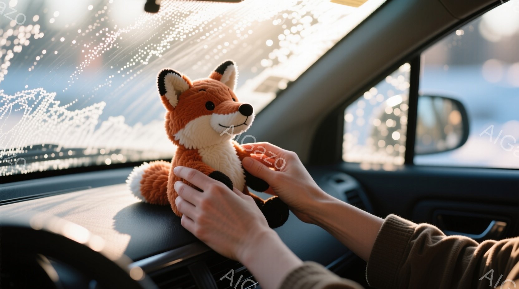 車内から見た光景で、茶色のセーターを着た人物がオレンジ色のキツネのぬいぐるみを持っています。 ぬいぐるみはダッシュボードの上に置かれ、人物はそれを優しく両手で支えています。 背景には、光が差し込む車のフロントガラスと、ぼやけた外の景色が見え、温かく穏やかな雰囲気を醸し出しています。