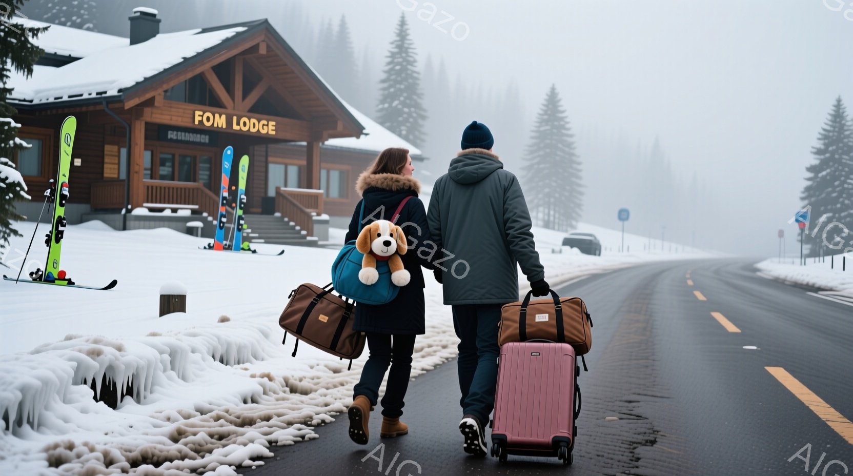 雪に覆われた道路を、一対のカップルが手荷物を持って歩いている様子が描かれている。女性は黒い帽子を被り、茶色のジャケットを着て、肩に可愛らしいぬいぐるみを抱えている。背景には「FOM」と書かれたログハウス風の建物があり、あたりは霧に包まれ、冬の静かで穏やかな雰囲気が漂っている。