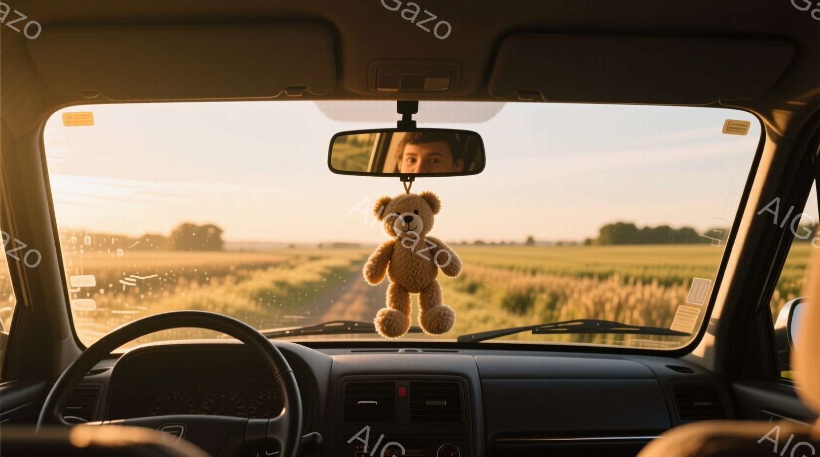 車内から見た風景で、助手席のルームミラーにテディベアがぶら下がっている。運転席には男性がおり、オレンジ色の夕焼けを背景に少し微笑んでいるように見える。広大な麦畑が広がり、暖かい日没時の穏やかな雰囲気を醸し出している。